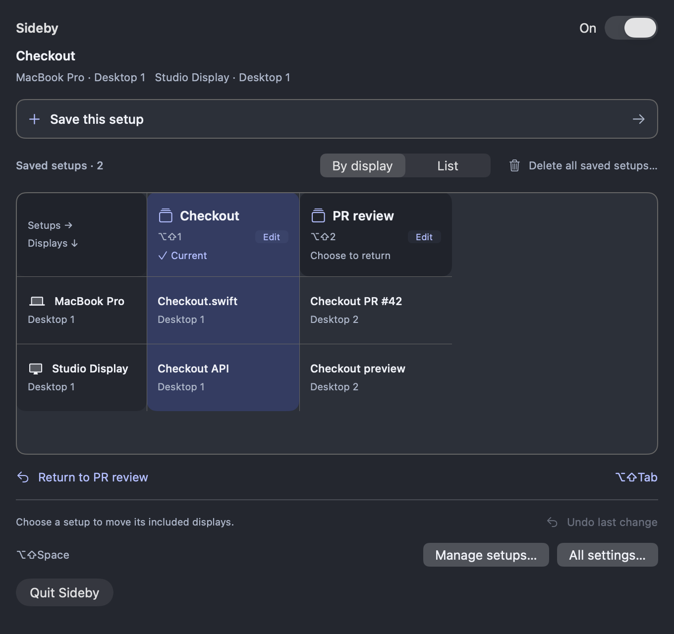 The Sideby menu with Save this setup and fictional Checkout and PR review setups on MacBook Pro and Studio Display.