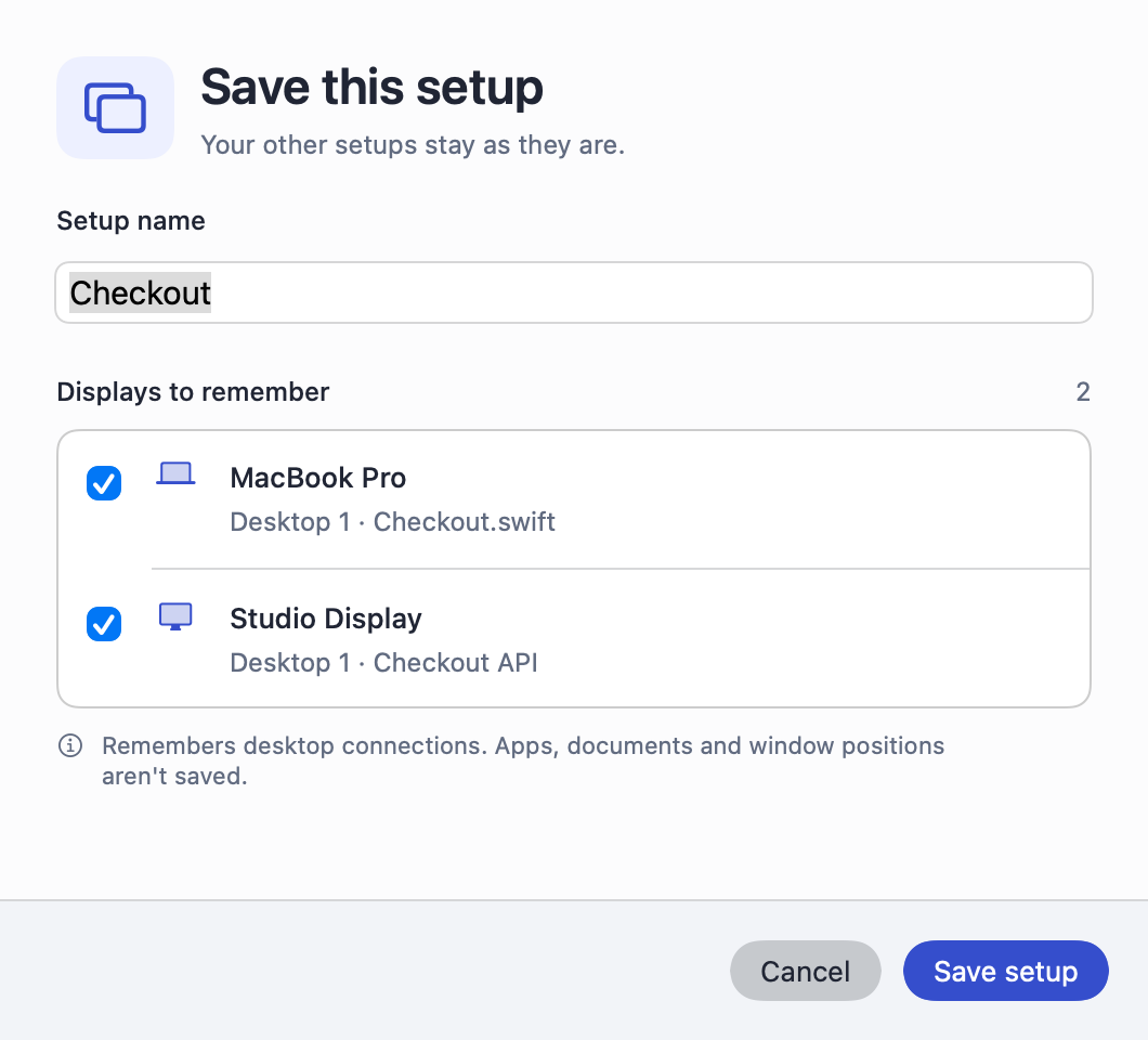 Sideby's Save this setup form with a fictional Checkout setup and two selected displays.